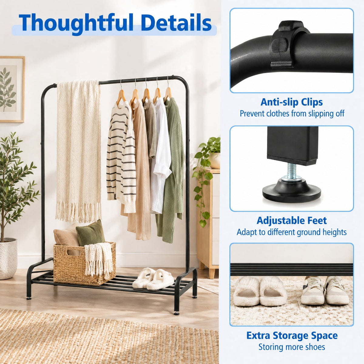 Airfind Heavy Duty Clothes Stand Rack with Top Rod and Lower Storage Shelf, 44 Lbs Capacity, Metal, 44 Inch X 16.5 Inch X 57 Inch, Black