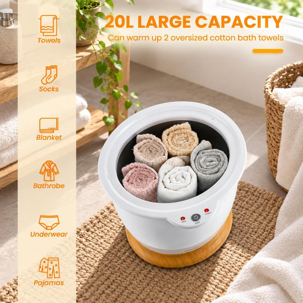 Airfind Bathroom Towel Warmer Bucket with Fragrance Holder and Auto Shut, Plastic Frame, 14 x 13 x 18.5 Footprint, White
