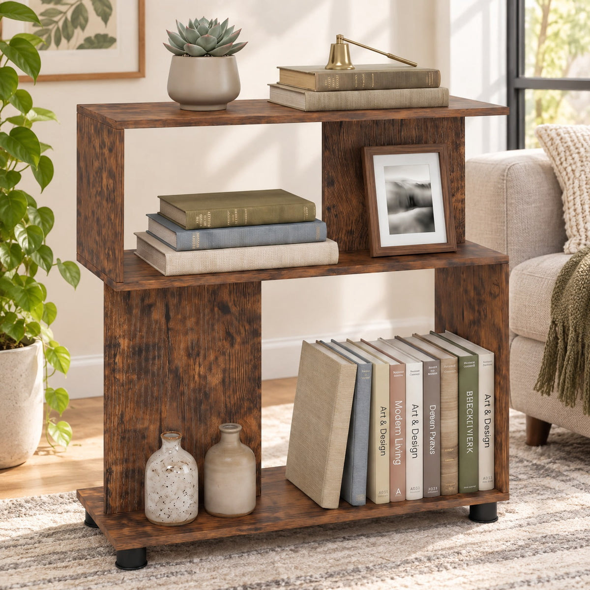 Airfind 3-Tier Modern S-shaped Bookshelf with Adjustable Feet, 135 lbs Capacity, Engineered Wood Frame, Brown