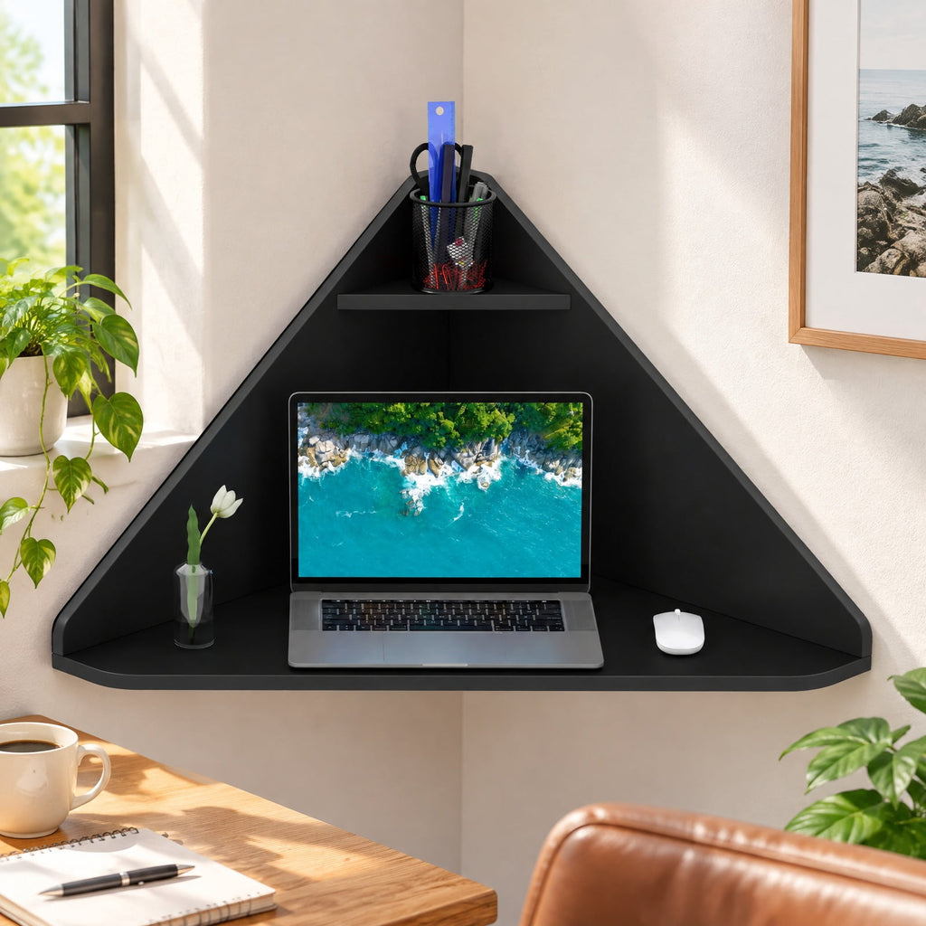 Airfind Floating Triangular Corner Computer Desk with Storage Shelf, Engineered Wood Frame, White, Overall Dimensions 36.5 Inch x 31 Inch x 18 Inch Sid