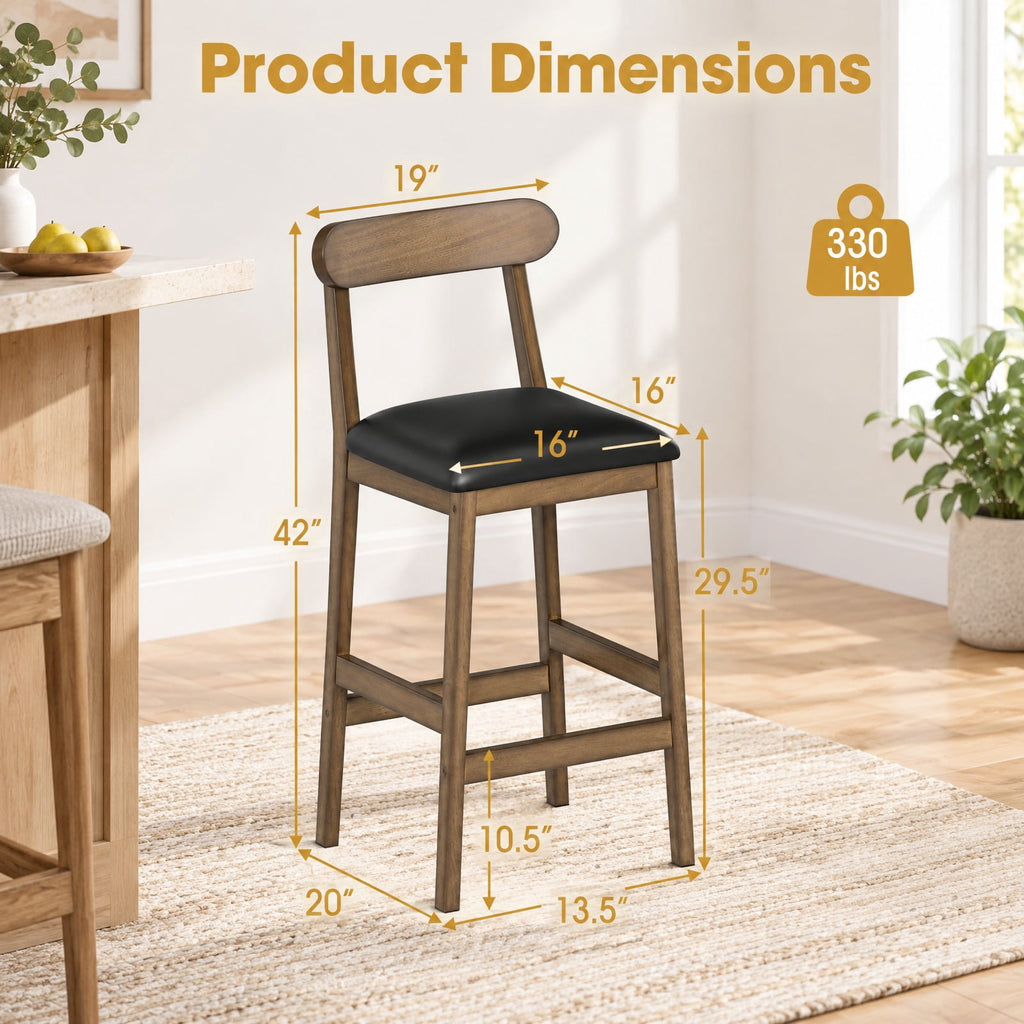 Airfind Set of 2 Bar Stools Upholstered with Rubber Wood Legs and Footrests, 330 lbs Capacity, Rubber Wood Sponge PVC Leather Frame, Wood