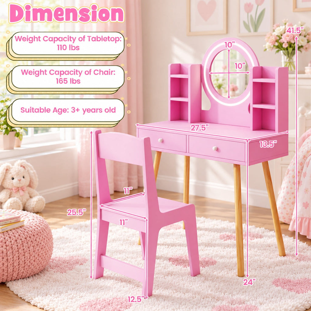 Airfind Youth Vanity Set featuring Lighted Mirror and Storage Drawers, 110 lbs Capacity, Engineered Wood Frame, for 3+ Years Old, Pink