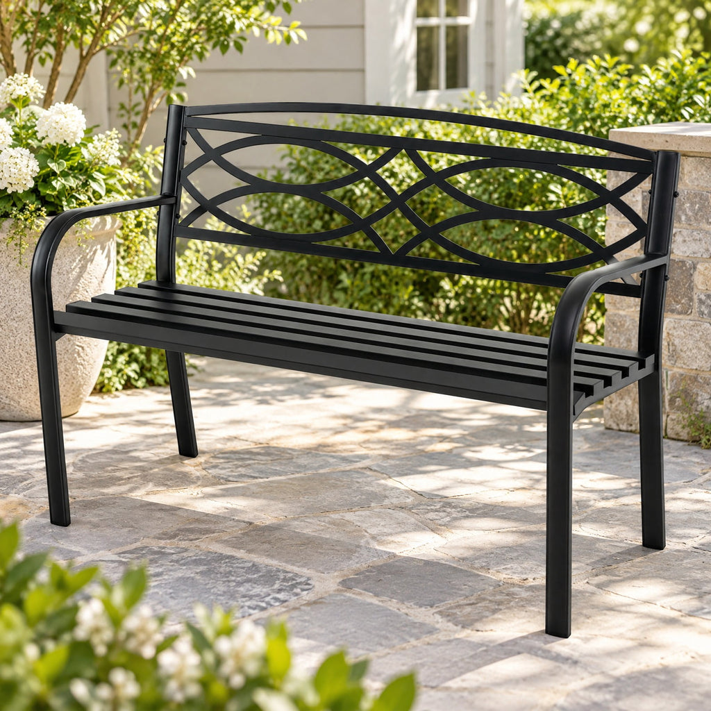 Airfind Garden Bench with Curved Armrests and Backrest, 660 lbs Capacity, Metal Frame, 19.5 x 45.5 x 32.5 Footprint, Black