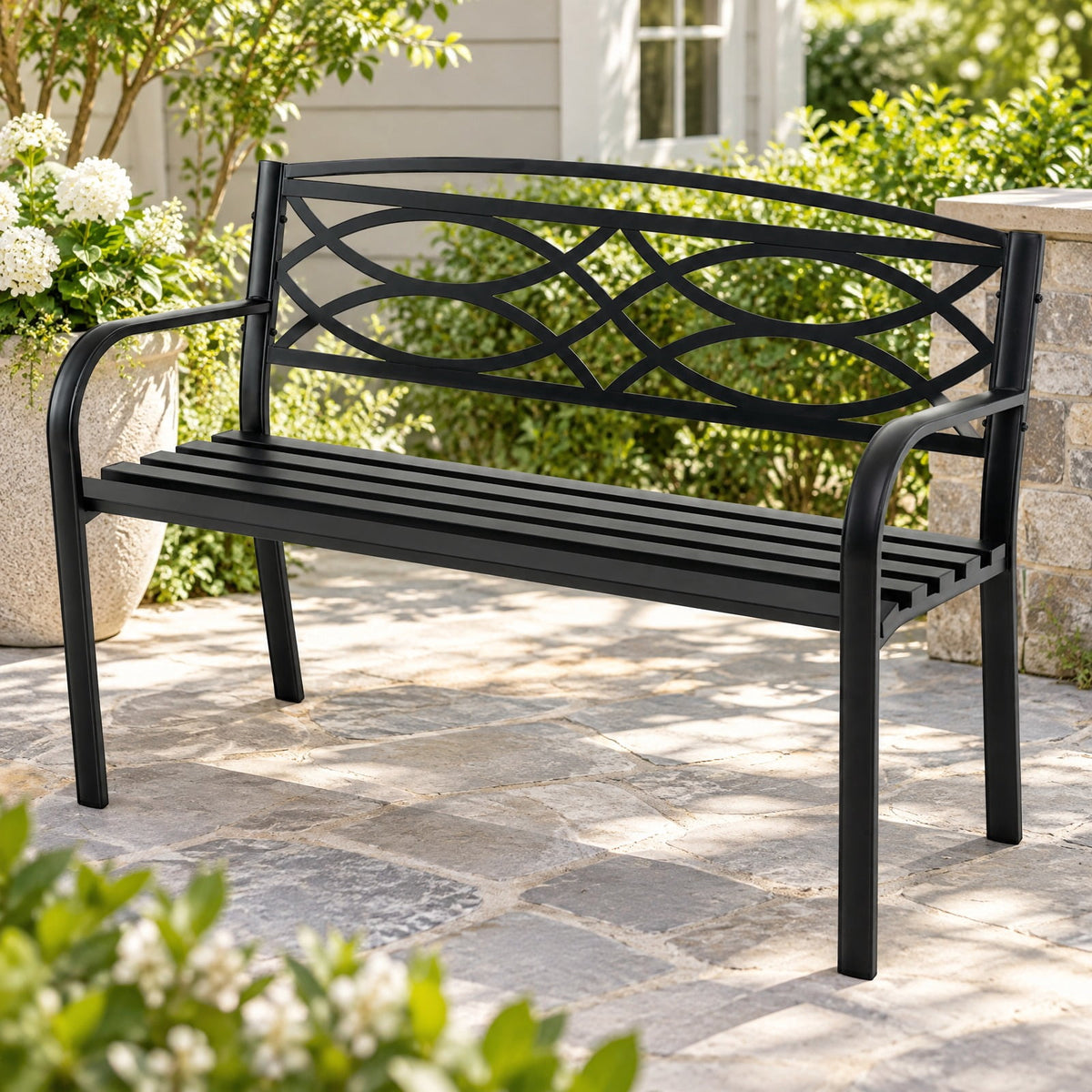 Airfind Garden Bench with Curved Armrests and Backrest, 660 lbs Capacity, Metal Frame, 19.5 x 45.5 x 32.5 Footprint, Black
