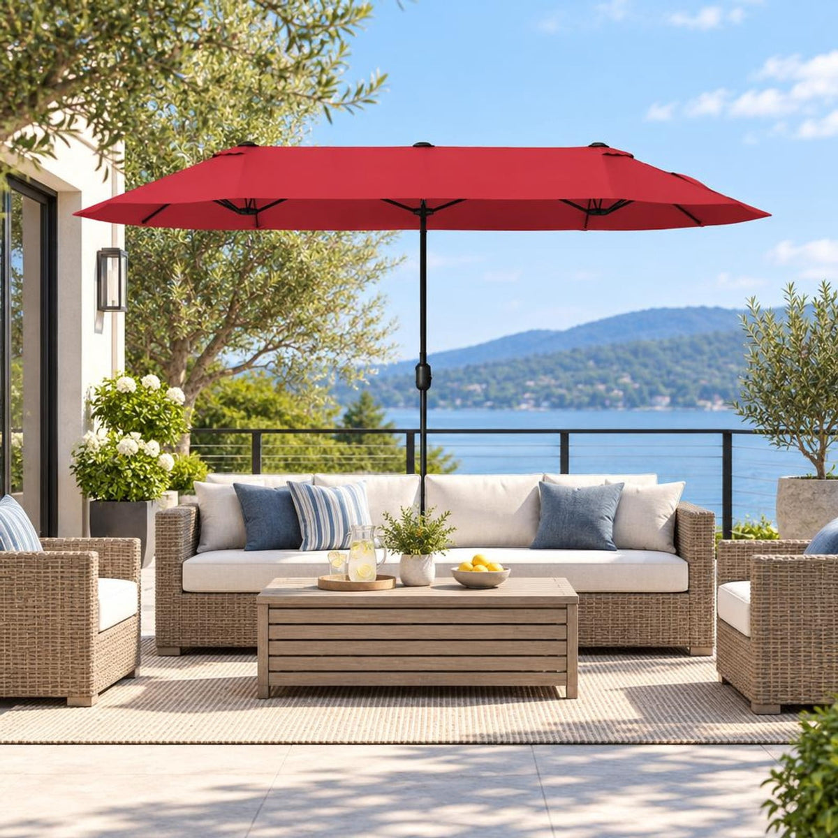 Airfind 13 Feet Double-Sided Patio Twin Table Umbrella with Crank Handle, Metal 180g Yarn Dyed Fabric PA Coating Frame