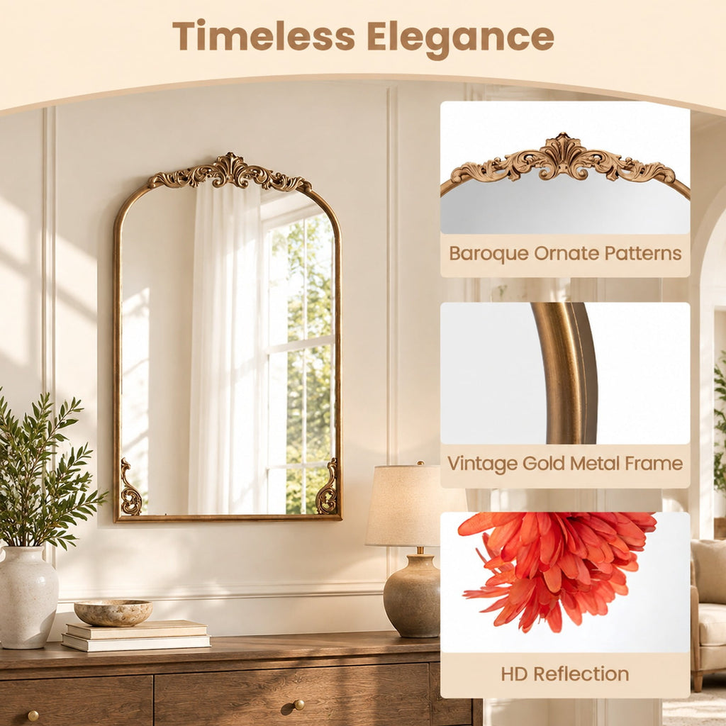 Airfind Arched Mirror for Wall Gold Traditional Vintage Ornate Baroque Mirror with Metal Frame, Resin Frame, 30 Inch x 20 Inch Footprint, Gold