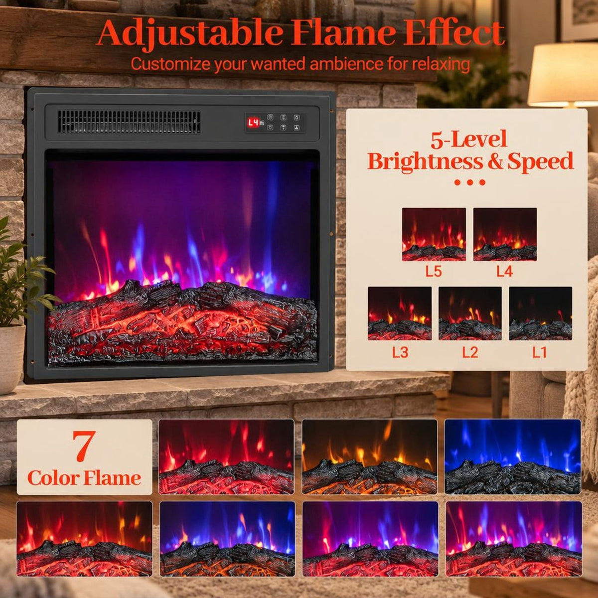 Airfind 18 Inch Electric Fireplace Insert featuring Remote Control and 7 Realistic Flame Colors, Metal ABS Tempered Glass Frame, Black