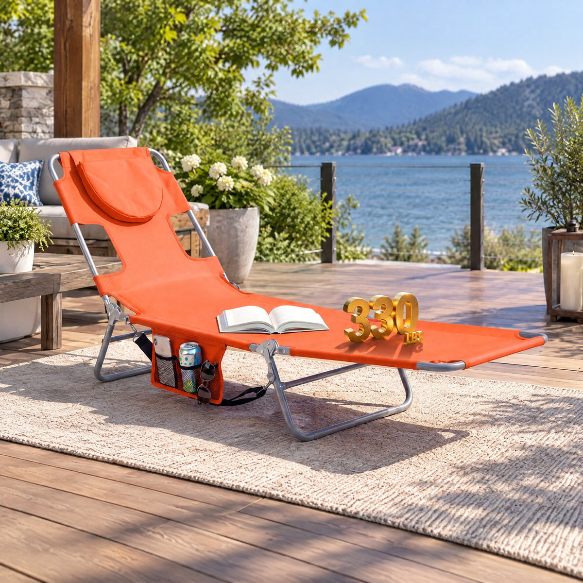 Airfind Folding Beach Lounge Chair with Adjustable Backrest for Lawn, 330 lbs Capacity, Metal Oxford Fabric Polyester Sponge Frame, Orange