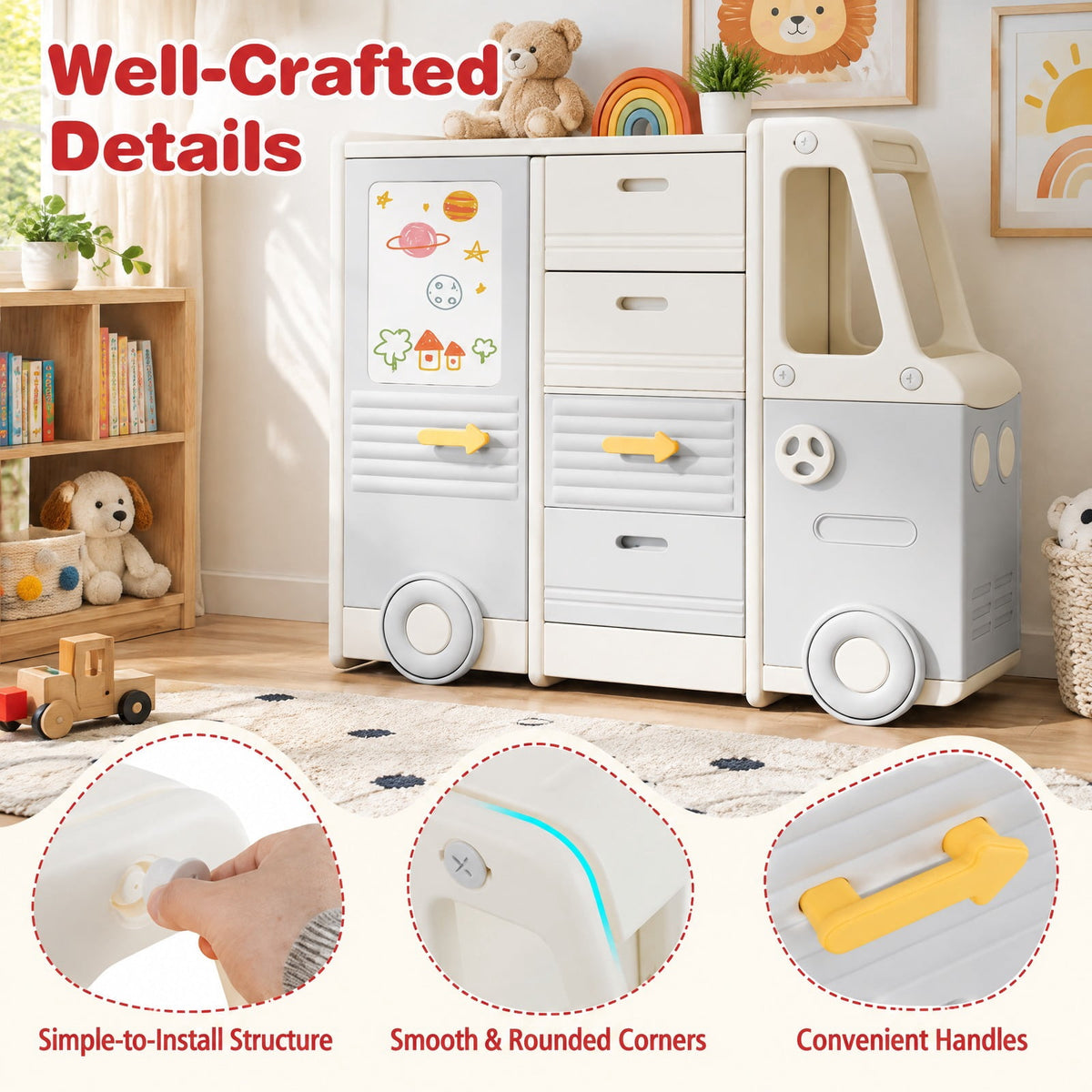 Airfind Kids Toy Storage Organizer Bus-shaped Children Cabinet with 4 Pull-out Drawers with Handles, 180 lbs Capacity, HDPE PP Frame, Grey