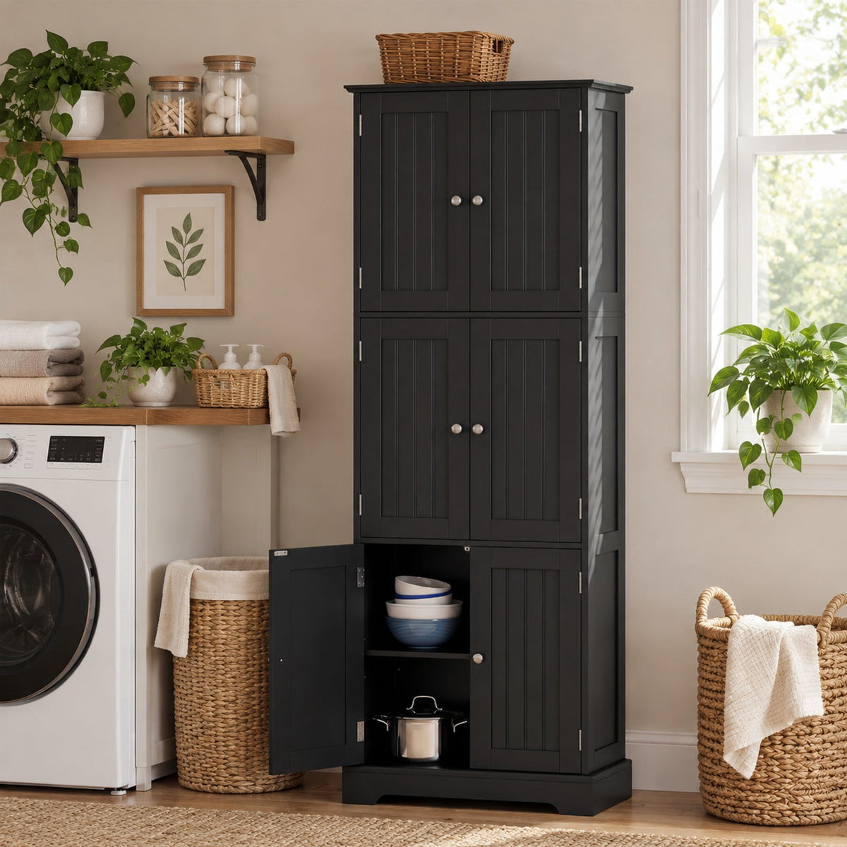 Airfind 63 Inch Tall Bathroom Storage Cabinet with 6 Doors and Adjustable Shelves, 44 lbs Capacity, Engineered Wood Frame, Black