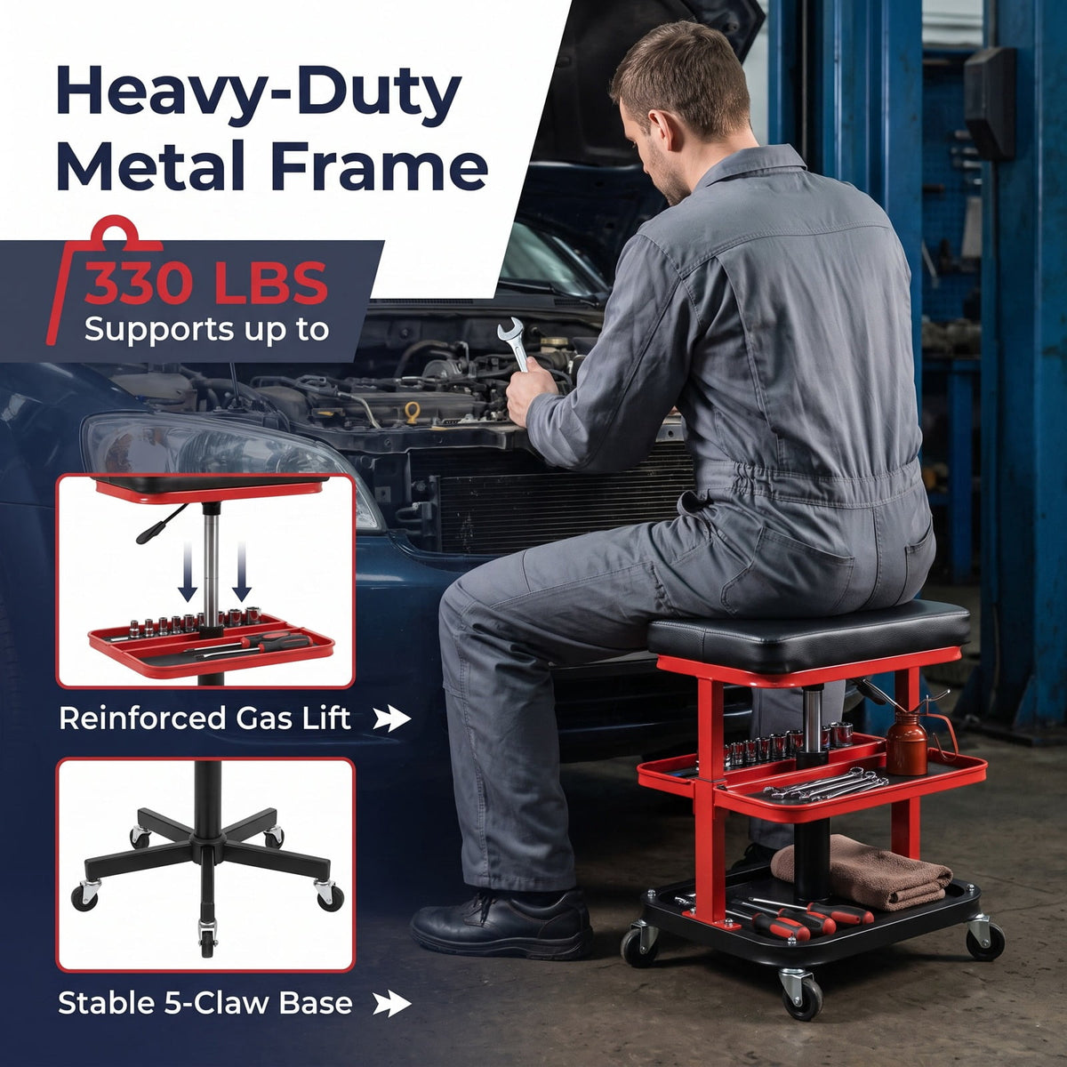 Airfind 360° Rolling Mechanic Stool with 2 Tool Storage Trays, 330 lbs Capacity, Metal Frame, 21 x 21 x 21.5-26.5 Footprint, Red