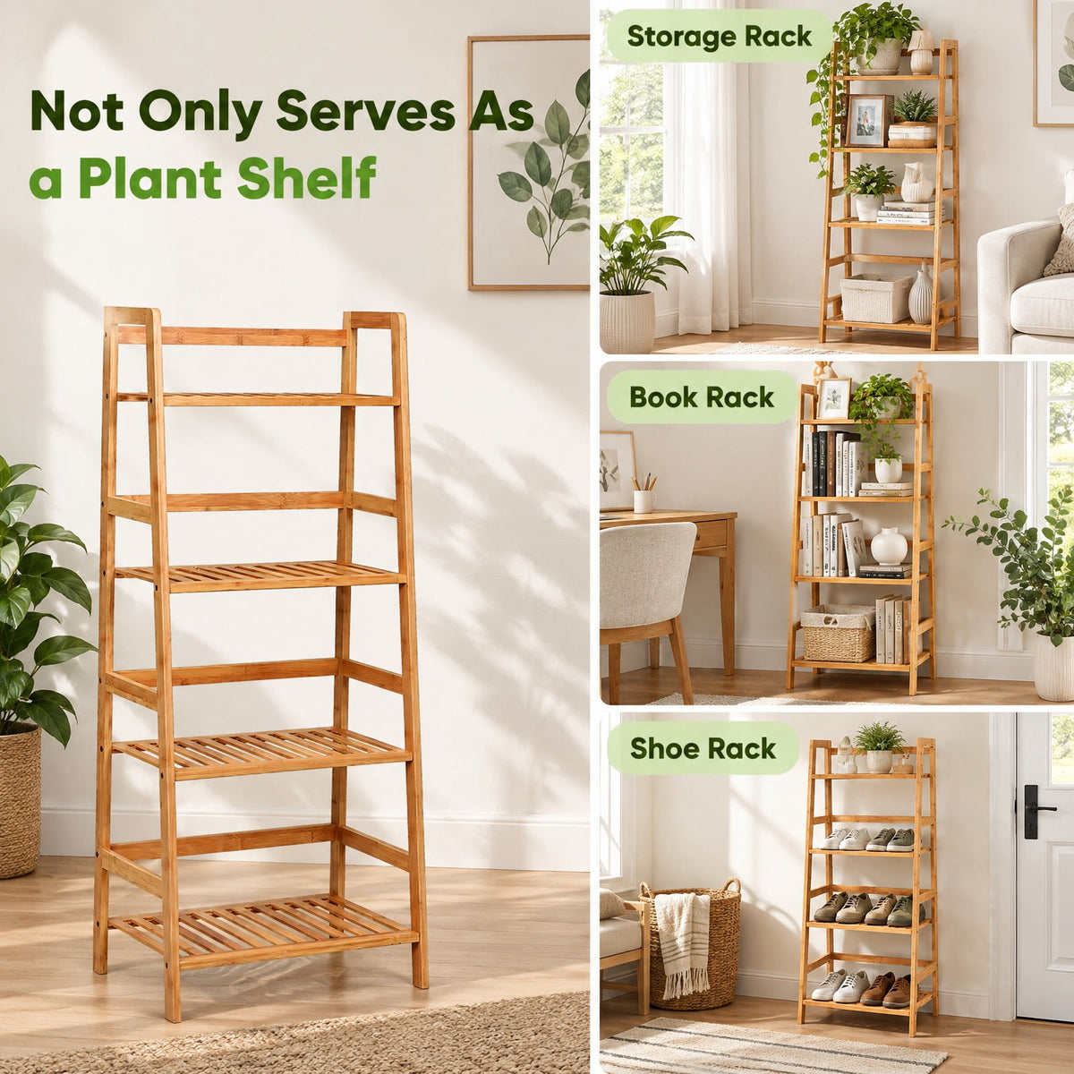 Airfind 4-Tier Bamboo Plant Rack with Guardrails Stable and Space-Saving, 22 lbs per tier Capacity, Bamboo Frame, 19 x 12.5 x 45 Footprint