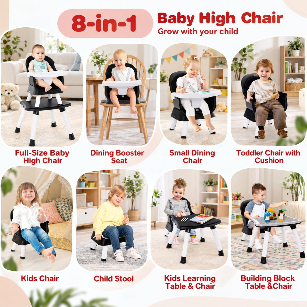 Airfind 6-in-1 Convertible Youth High Chair with Adjustable Removable Tray, 55 lbs Capacity, PP PU for Everyday Use, Unspecified