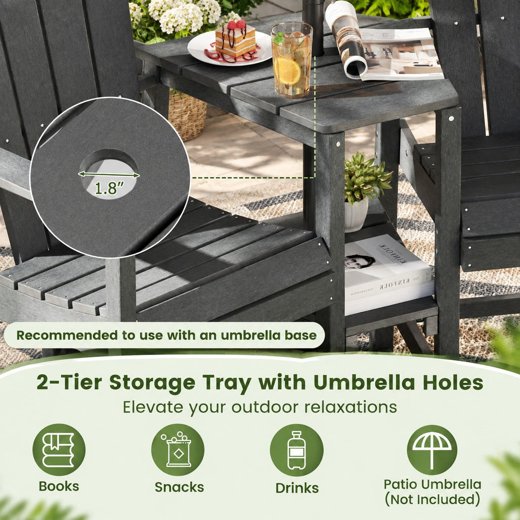 Airfind 2-Seat Adirondack Chair All-Weather Adirondack Chair with Double Connecting Tray, Chair 330 lbs Capacity, HDPE Frame, Gray