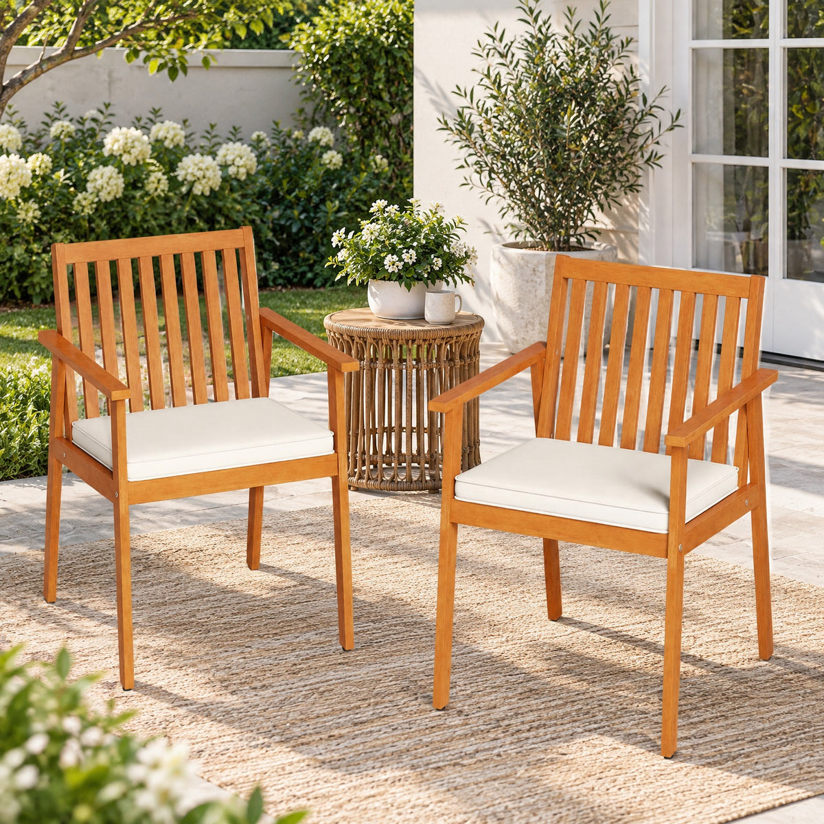 Airfind 2 Pieces Patio Dining Chairs Outdoor Acacia Wood Chairs with Removable Padded Cushion, Acacia Wood Sponge Non-woven Fabric Frame, Natural