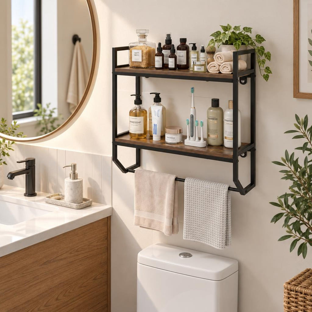AIRFIND Bathroom Wall Shelf with Towel Bar, 2-Tier Over-Toilet Storage Rack with Metal Frame and 22 in Hanging Rail, 23 in Wide, Gray