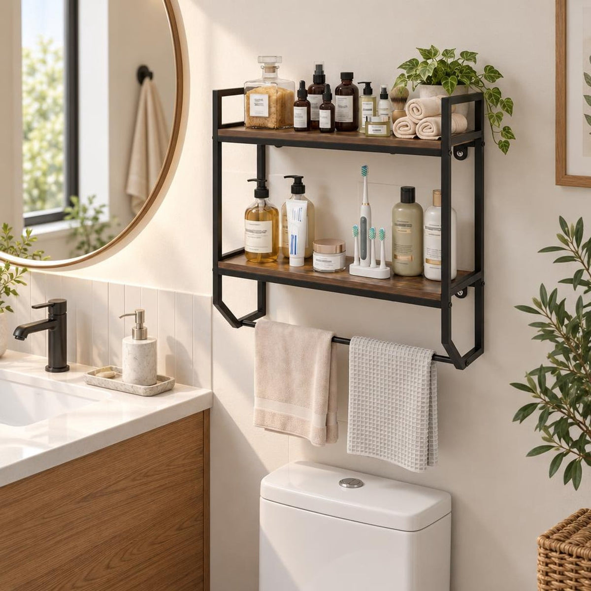 AIRFIND Bathroom Wall Shelf with Towel Bar, 2-Tier Over-Toilet Storage Rack with Metal Frame and 22 in Hanging Rail, 23 in Wide, Gray