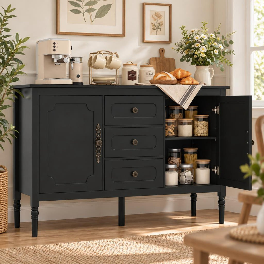 Airfind 47 Inch Vintage Buffet Cabinet with 3 Drawers 2 Cabinets and Adjustable Shelves for Dining Room, 110 Lbs Capacity, 47 Inch X 15.5 Inch X 31.5 Inch, Black