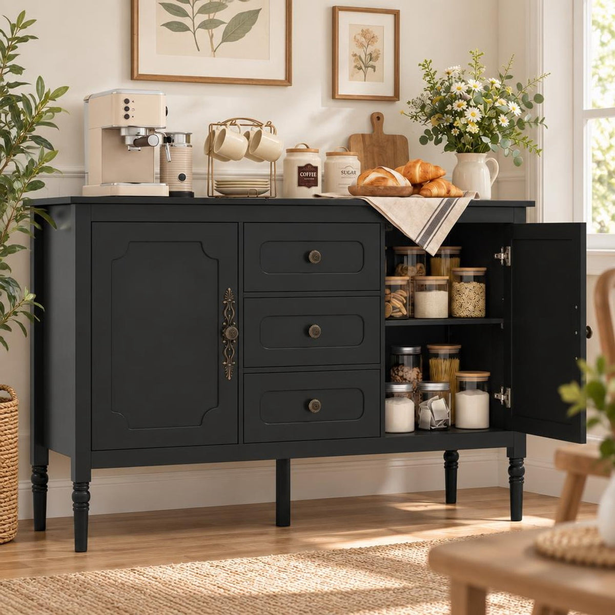 Airfind 47 Inch Vintage Buffet Cabinet with 3 Drawers 2 Cabinets and Adjustable Shelves for Dining Room, 110 Lbs Capacity, 47 Inch X 15.5 Inch X 31.5 Inch, Black