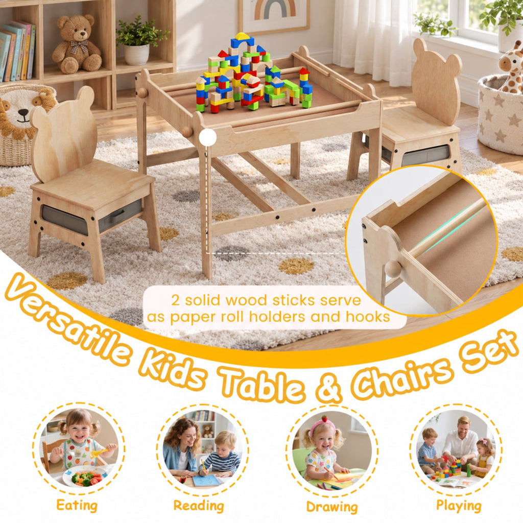 Airfind Kids Table and Chairs Set with Reversible Whiteboard-Panda, 165 lbs Capacity, for 3+ Years Old, Natural