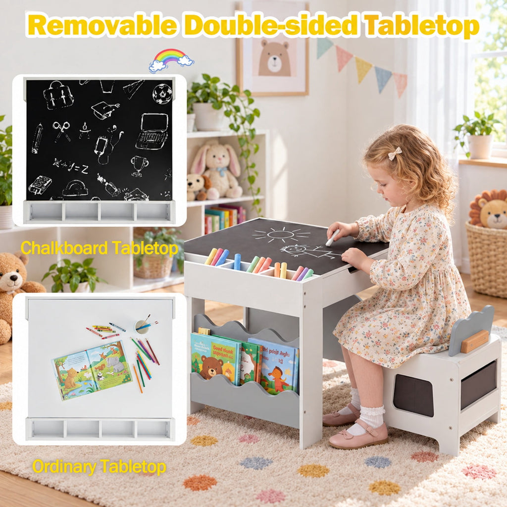 Airfind Multi-purpose Activity Kids Table and Chairs Set with Double-sided Tabletop, 55 lbs Capacity, MDF Frame, 26 Inch x 25 Inch x 19 Inch Footprint, Gray