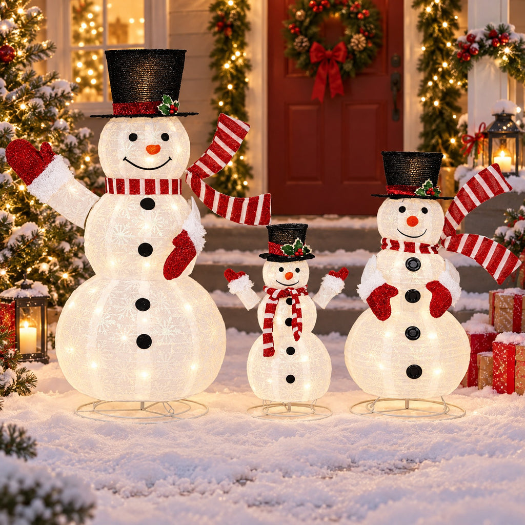 AIRFIND Pre Lit Snowman Decorations Set of 3, 3D Outdoor Christmas Display with Metal Frames and 270 LED Lights, Multi Color