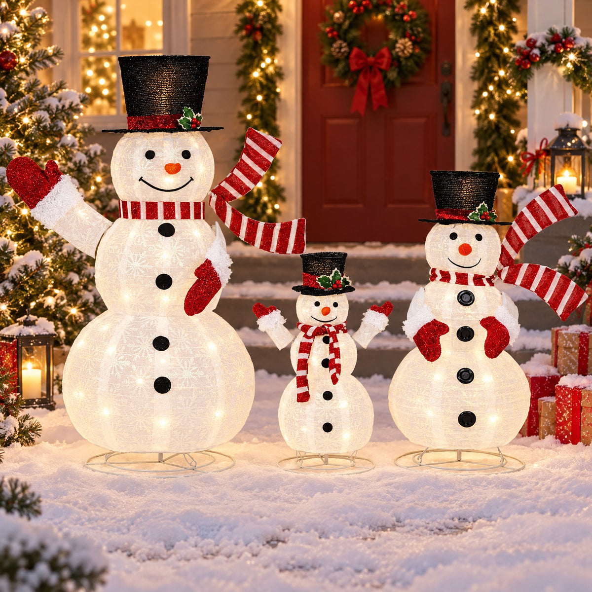 AIRFIND Pre Lit Snowman Decorations Set of 3, 3D Outdoor Christmas Display with Metal Frames and 270 LED Lights, Multi Color