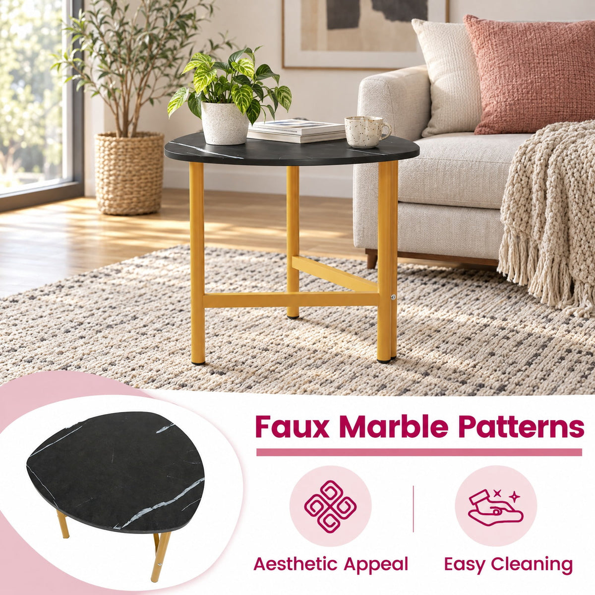Airfind Set of 2 Triangle Coffee Table Oval with Metal Legs, 132 lbs Capacity, Engineered Wood Metal Faux Marble Frame, Black