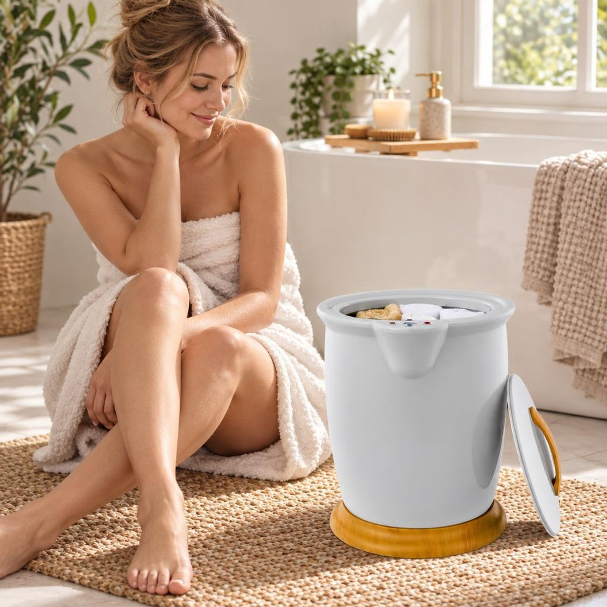 Airfind Towel Warmer Bucket with Fragrance Holder and Auto Shut, Plastic Frame, 14 x 13 x 18.5 Footprint, Gray