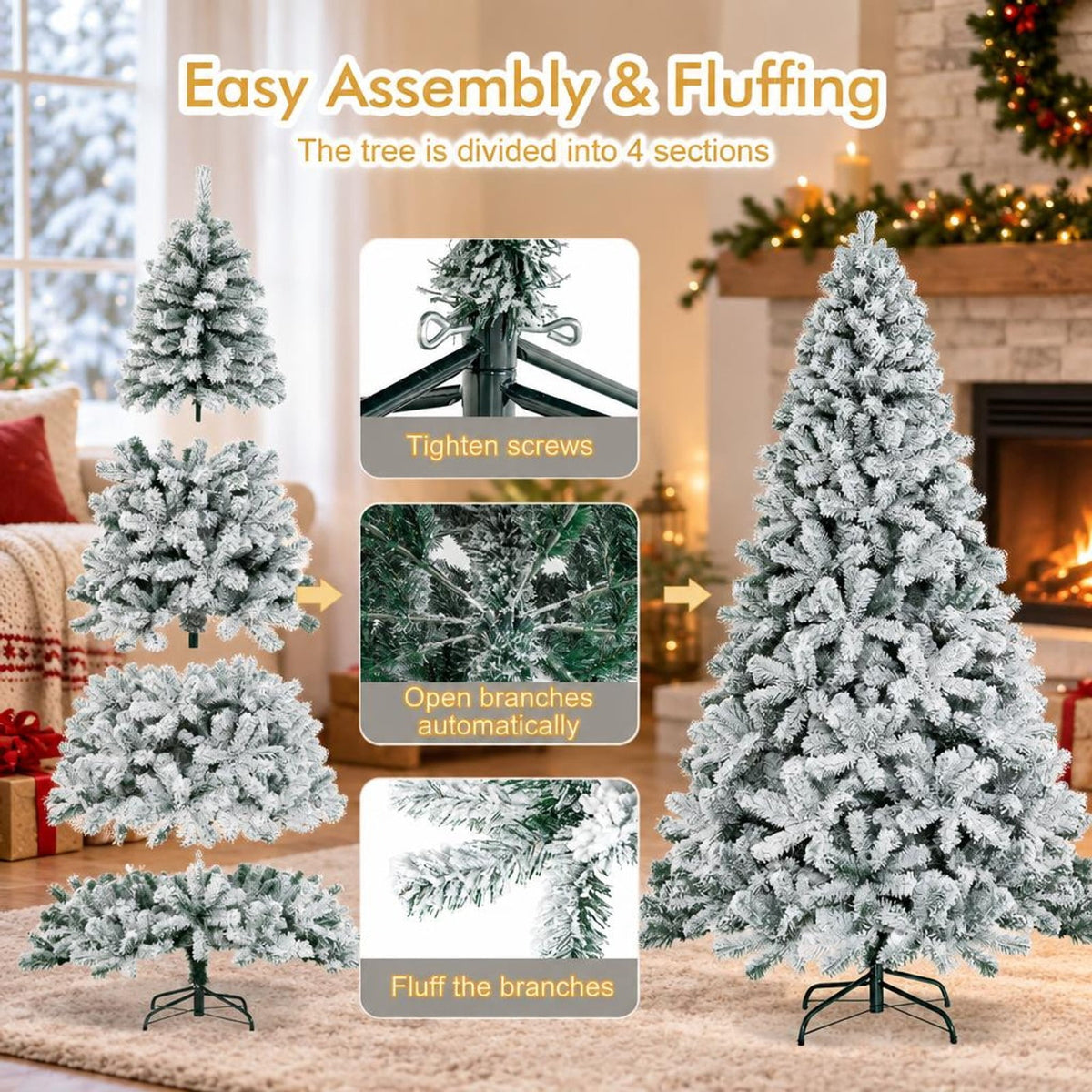 Airfind Snow-flocked Artificial Christmas Tree 7.5 Ft featuring 1010 Branch Tips, Hinged Sections and Metal Stand for Everyday Use, White