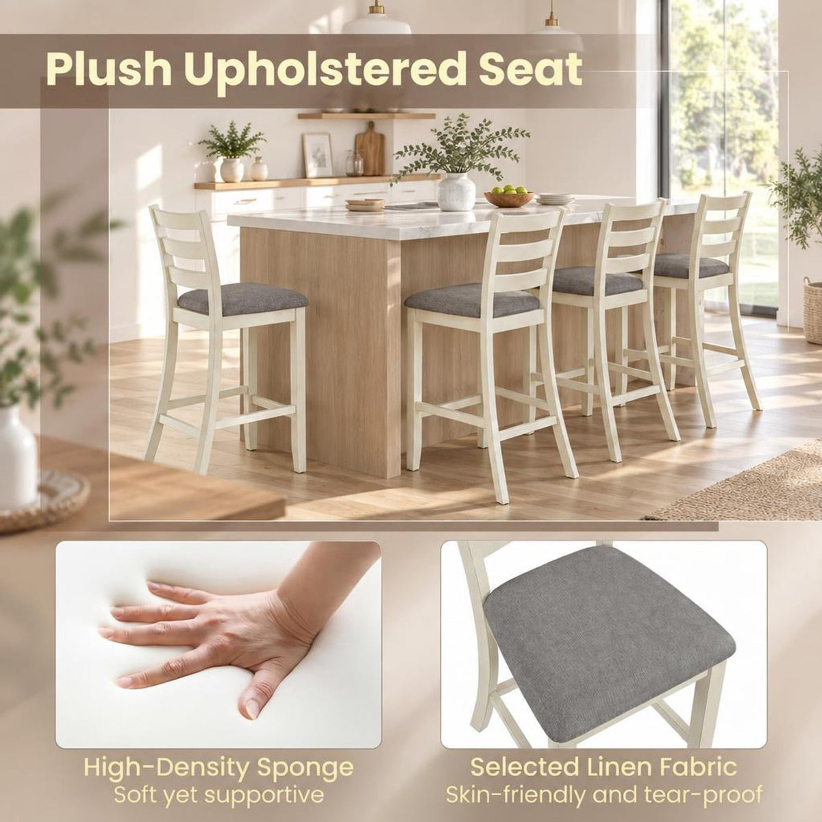 Airfind Counter Height Chairs with Fabric Seat and Rubber Wood Legs, 330 lbs Capacity, Linen Fabric Sponge Rubber Wood Plywood Frame, Beige