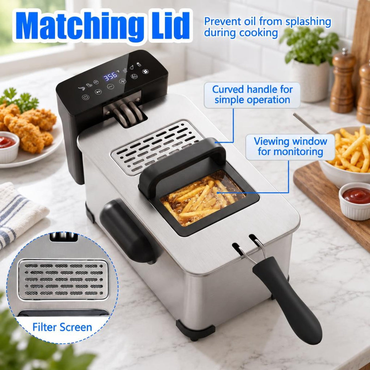 Airfind 3.2-Qt Electric Deep Fryer featuring 1700W LED Touch Screen and Enamel Oil Tank, Stainless Steel PP Enamel Frame, Silver