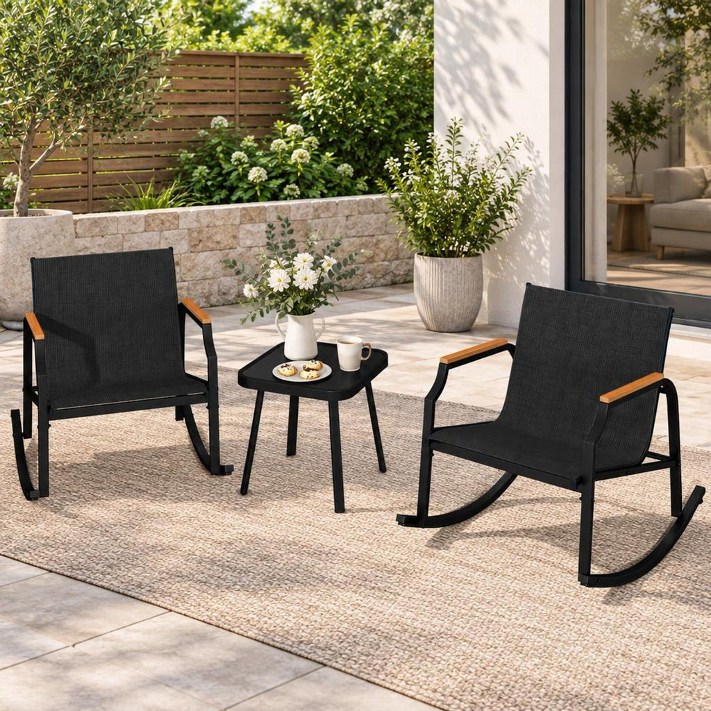 Airfind 3 Piece Patio Rocking Bistro Set with Tempered Glass Coffee Table and Armrests for Porch, Rocking Chair 330 lbs Capacity, Black