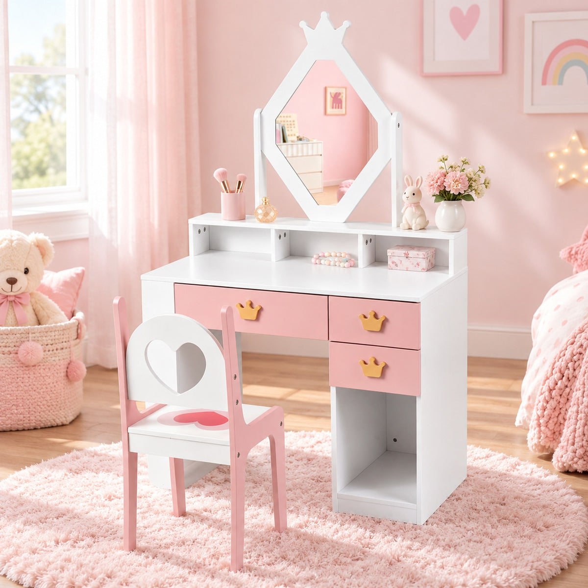 Airfind Kids Vanity Set with Crown Mirror and Chair for Girls, 110 lbsChair Capacity, 31.5in x 16in x 51inTabletop Footprint, White