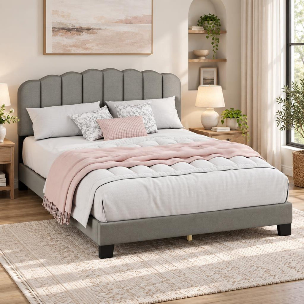 Airfind Queen Size Bed Frame with Adjustable Scalloped Tufted Headboard, 770 lbs Capacity, 84 x 61.5 x 40-44 Footprint, Gray + Black
