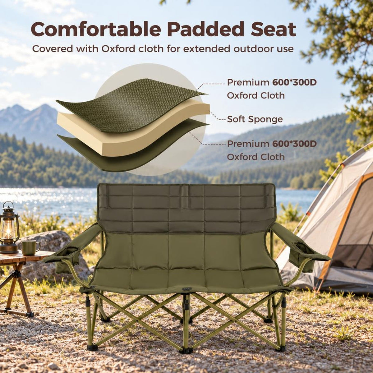 Airfind Oversized Camping Chair Folding Loveseat Camping Couch with Cup Holders Thick Padding, Capacity 660 lbs Capacity, Green