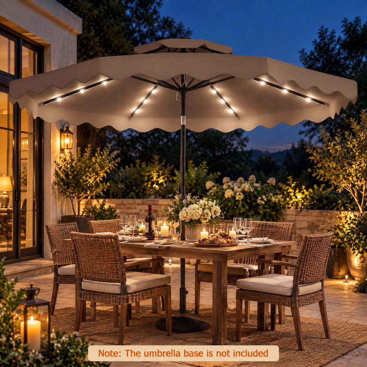 Airfind 9 FT Solar LED Patio Umbrella Push-Button Tilt and Crank 24 LED Lights and 8 Ribs, Polyester Fabric Metal Frame, 9 x 8.2 ft Footprint, Brown