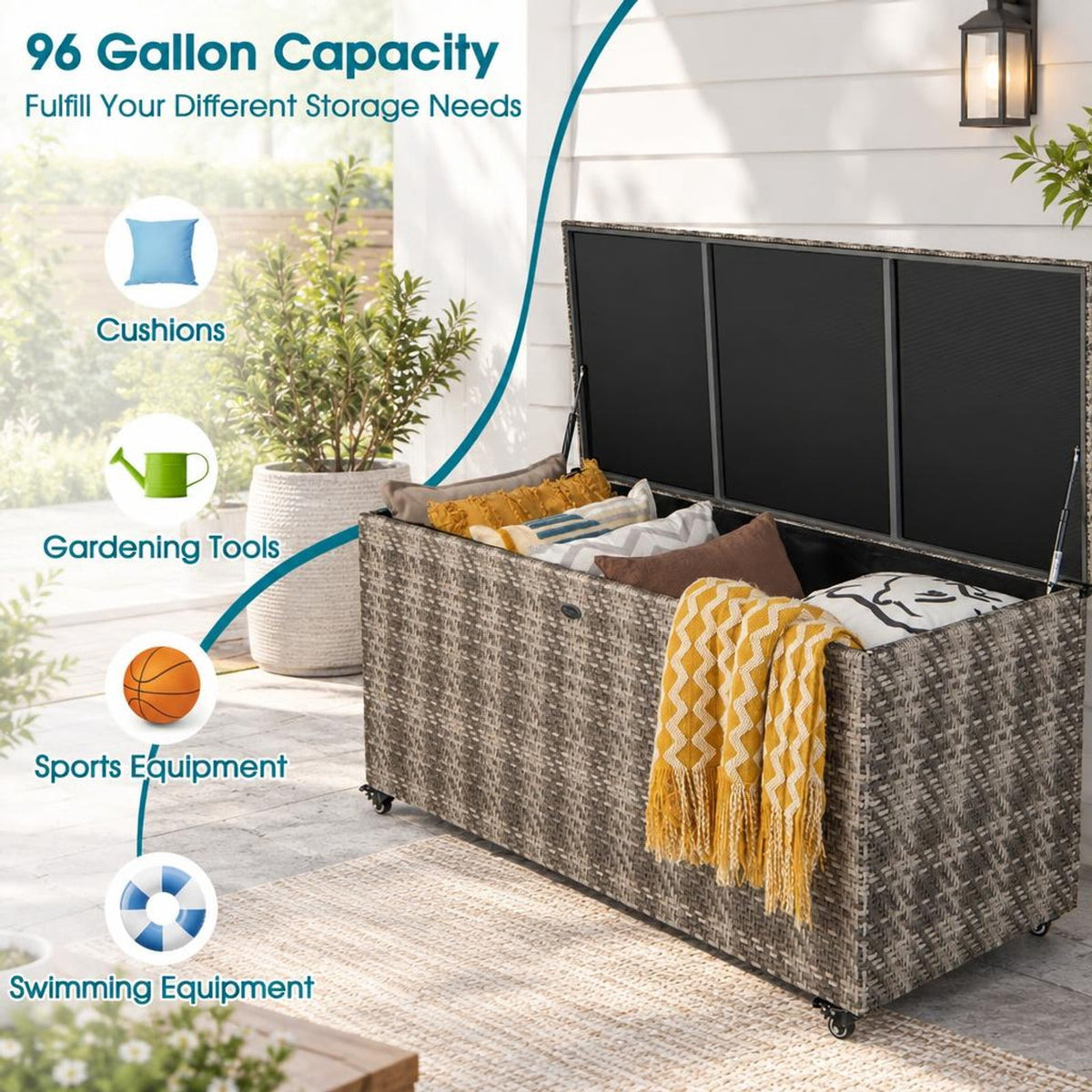 Airfind 96 Gallon PE Wicker Outdoor Storage Box with 4 Wheels, PE Rattan PP Board Metal Polyester Frame, 52 x 22 x 25 Footprint, Gray