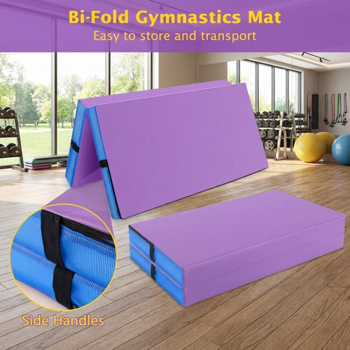 Airfind 4 x 4 FT Bi-Folding Gymnastic Tumbling Mat with Carry Straps and Washable Cover, 4 Inch Thick Foam Exercise Mat, Purple