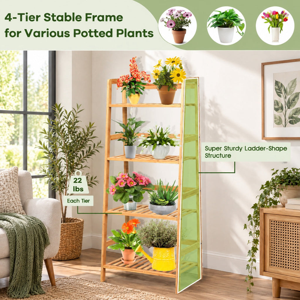 Airfind 4-Tier Bamboo Plant Rack with Guardrails Stable and Space-Saving, 22 lbs per tier Capacity, Bamboo Frame, 19 x 12.5 x 45 Footprint