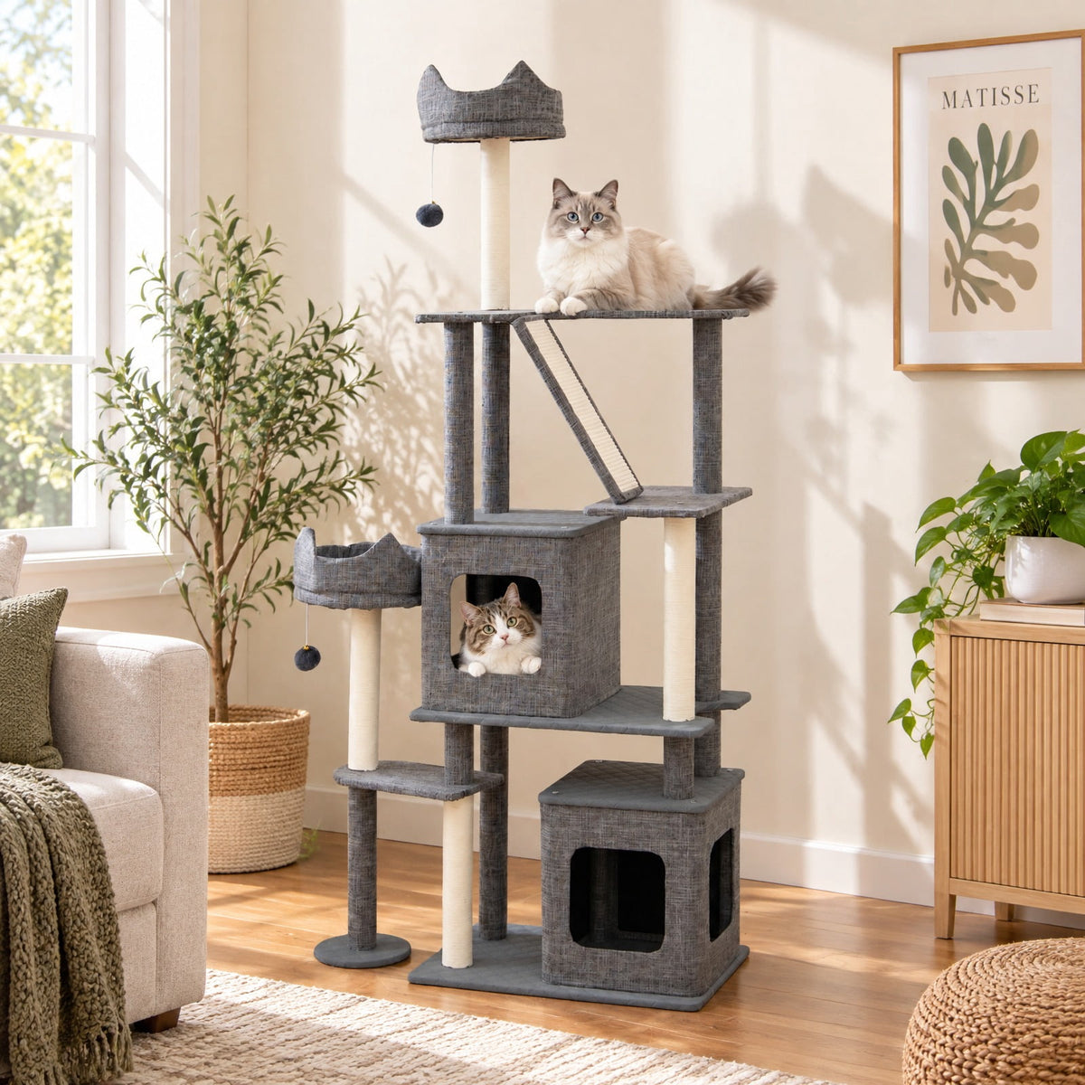 Airfind 71 Inch Tall Cat Tree Multi-Level Large Cat Tower with Scratching Posts, 33 lbs Capacity, 34in x 16in x 71in Condo Footprint, Grey