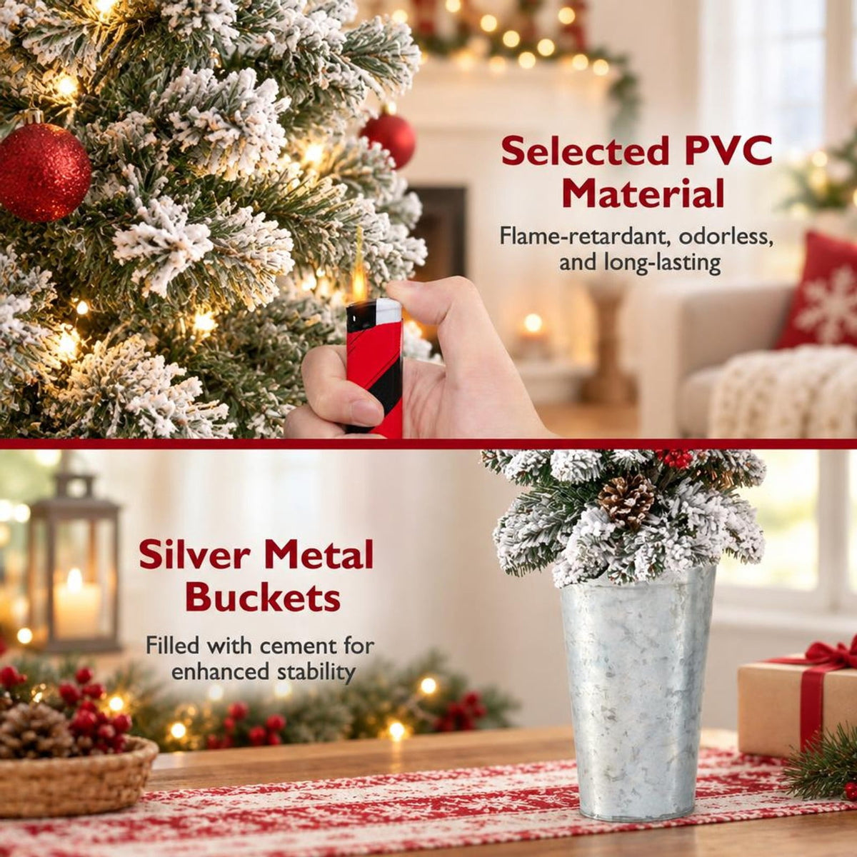 Airfind Set of 3 Pre-Lit Snow Flocked Artificial Christmas Trees witrh 423 Branch Tips, PVC Tree Height 3 ft Tree Width 10in Frame