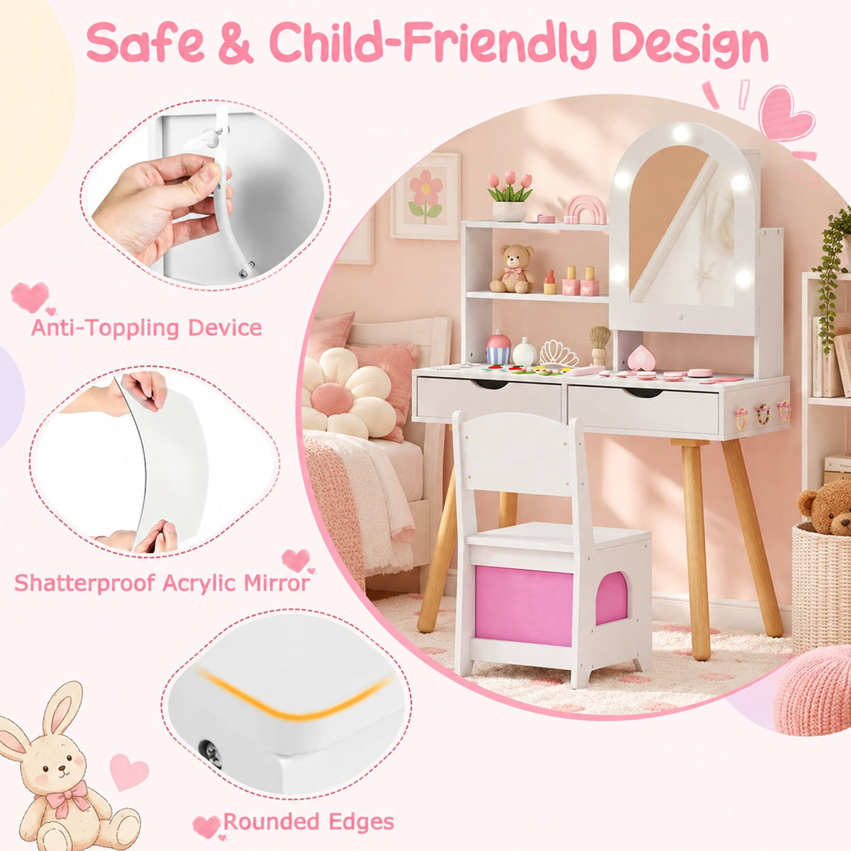 Airfind Kids Vanity Set Pretend Play Dressing Table Set with 3-Color Lighting Modes Adjustable Brightness and Mirror Cabinet, 44 lbs Capacity, White