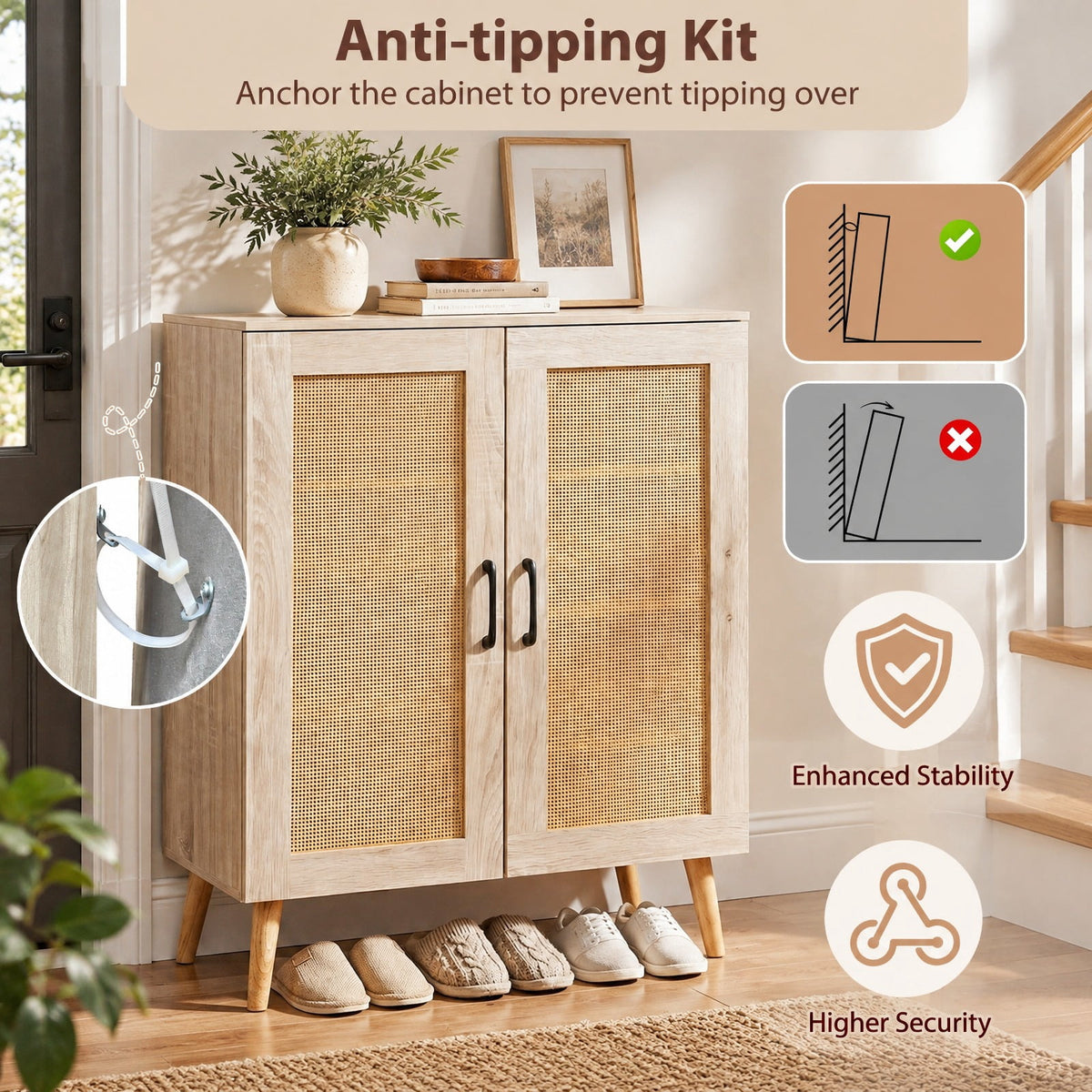 Airfind 5-Tier Rattan Shoe Cabinet with 3 Removable Shelves, 155 lbs Capacity, Engineered Wood Rattan Rubber Wood Frame, 29.5 x 14x 37 Footprint