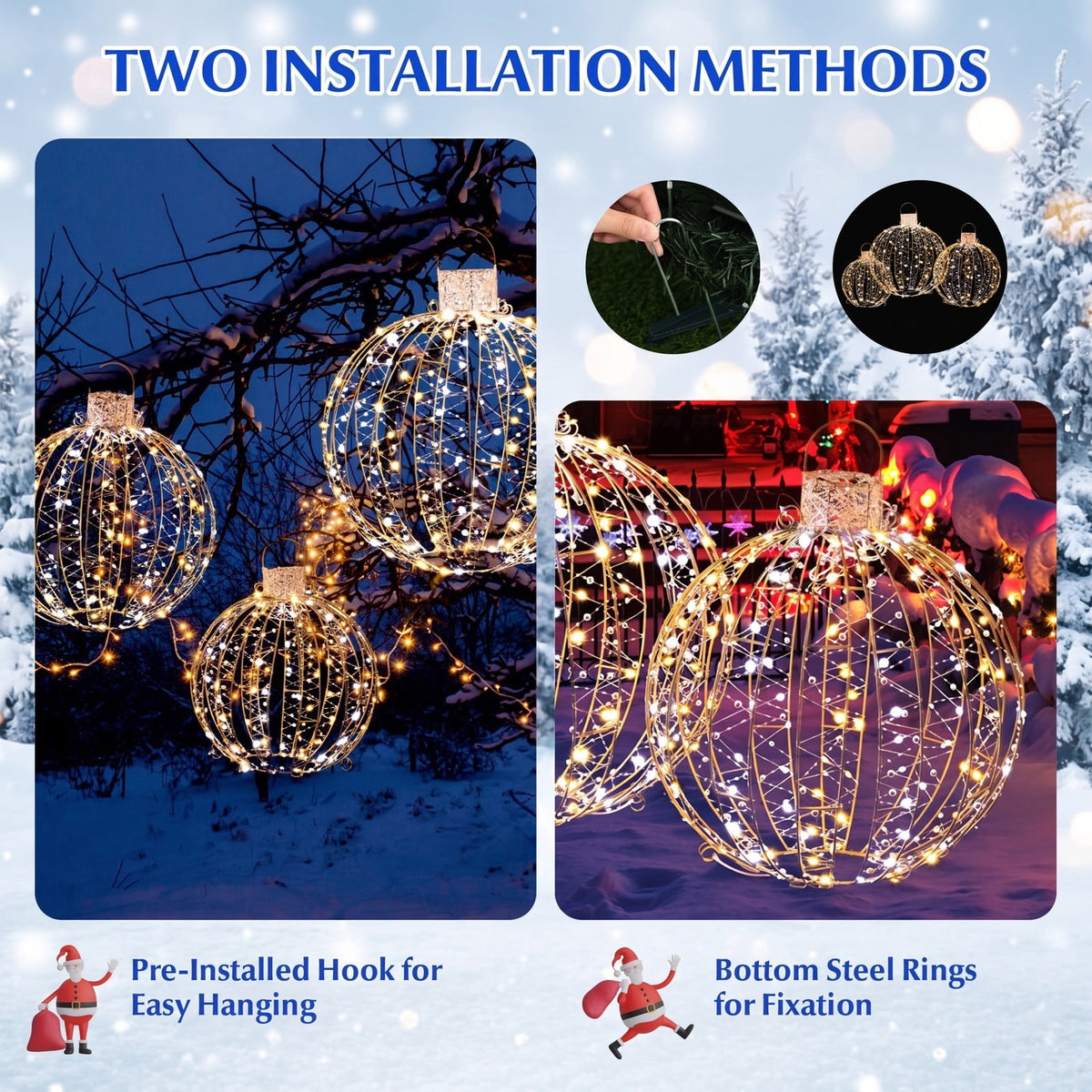 Airfind 3 Pack Christmas LED Light Balls with Cable Ties and 6 Stakes, Iron, 20.47 x 20.47 x 23.62 inch, Gold for Home, Patio and Everyday Use