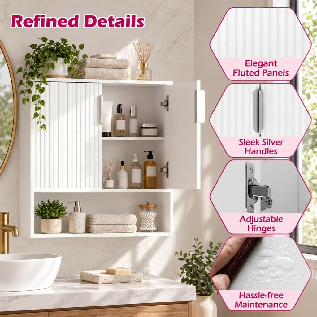 Airfind Bathroom Wall Cabinet with 2 Fluted Doors and Open Cube and Adjustable Shelf, 22 lbs Capacity, MDF Frame, 22.5in x 8in x 24in Footprint, White