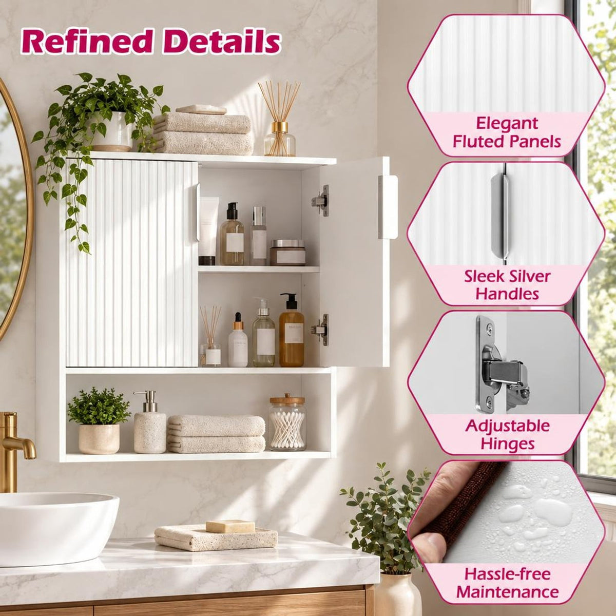 Airfind Bathroom Wall Cabinet with 2 Fluted Doors and Open Cube and Adjustable Shelf, 22 lbs Capacity, MDF Frame, 22.5in x 8in x 24in Footprint, White