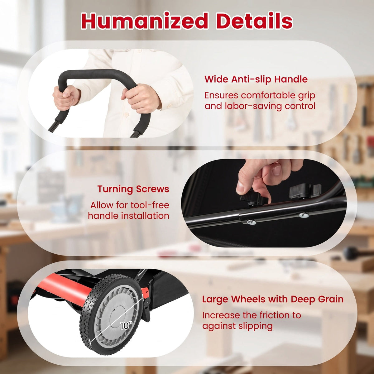 Airfind 16 Inch Push Lawn Mower with 5 Steel Blades and Grass Catcher Bag, Manganese Steel Metal PVC PP Frame, Red