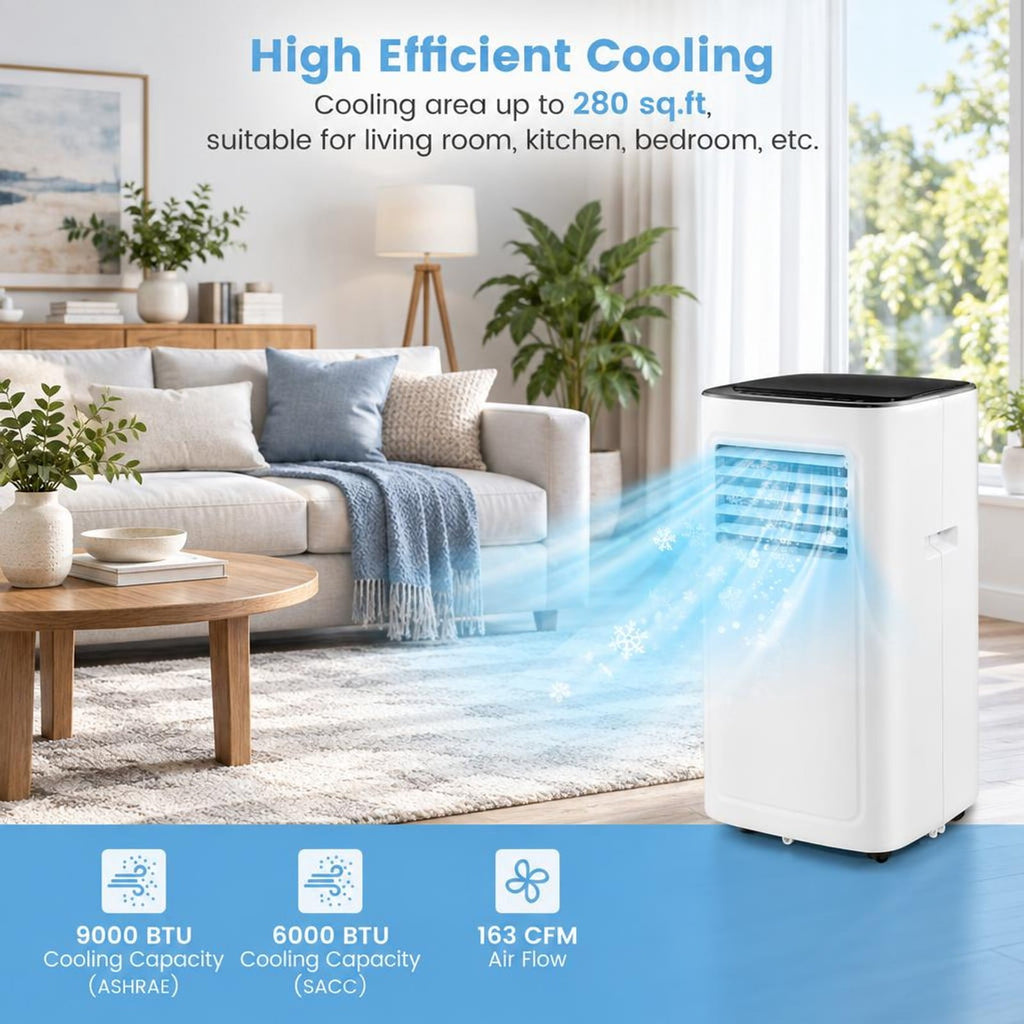 Airfind 3-in-1 9000 BTU Air Conditioner with Dehumidifier and 24H Timer, ABS Frame, White, 50dB low noise and sleep mode and no bothering