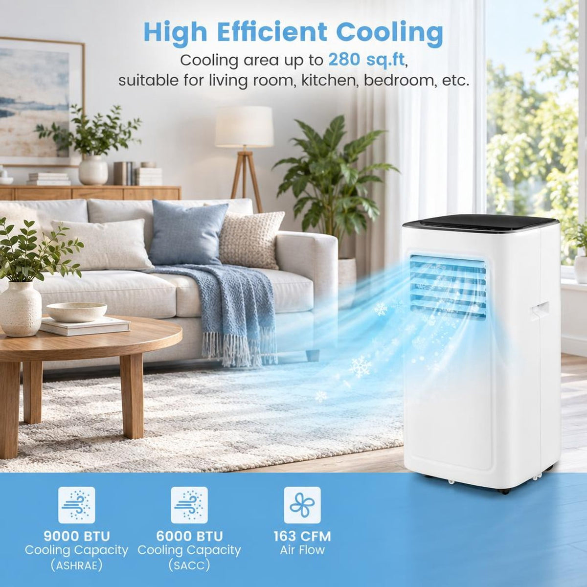Airfind 3-in-1 9000 BTU Air Conditioner with Dehumidifier and 24H Timer, ABS Frame, White, 50dB low noise and sleep mode and no bothering
